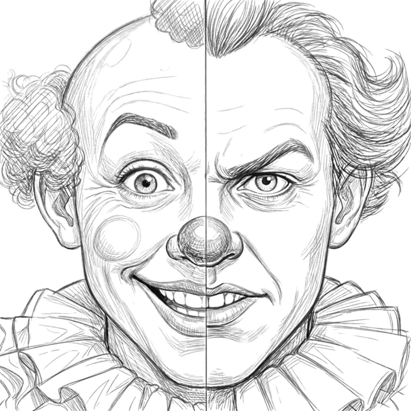 A pencil sketch split down the center: a smiling clown on the left, a stern figure on the right — same subject, two readings.
