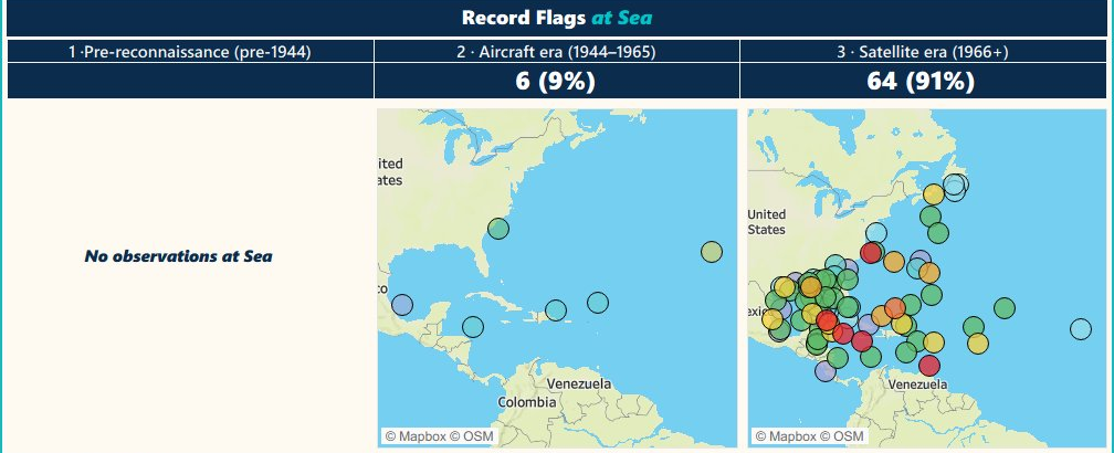 Three maps of at-sea record flags by era: empty pre-1944, sparse aircraft era, dense satellite era